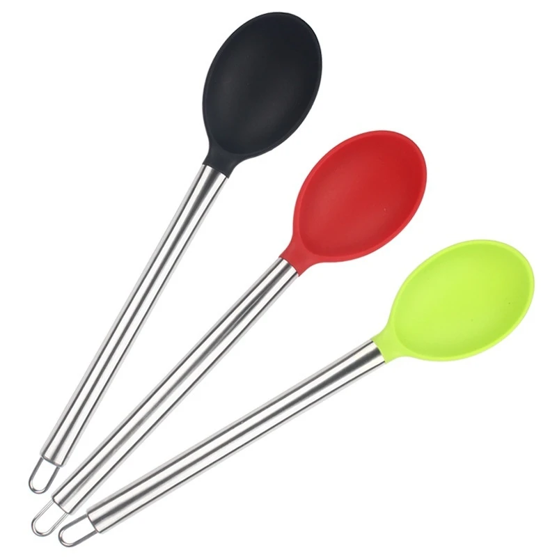 Silikon-Salatlöffel in Lebensmittelqualität, Suppenlöffel, Sieb-Küchenzubehör, Kochutensilien, Küchenhelfer, Hand aus Edelstahl