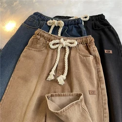 Korean Style Vintage Denim Pants Man Spring Autumn Elastic Waist Bandage Brown Straight Jeans High Street Loose Wide Leg Pants