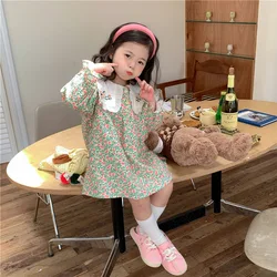 2024 Spring New Korean Children Wear Girl Forest Color Contrast Embroidered Big Flip Collar Dress Sweet Fragmented Flower Dress