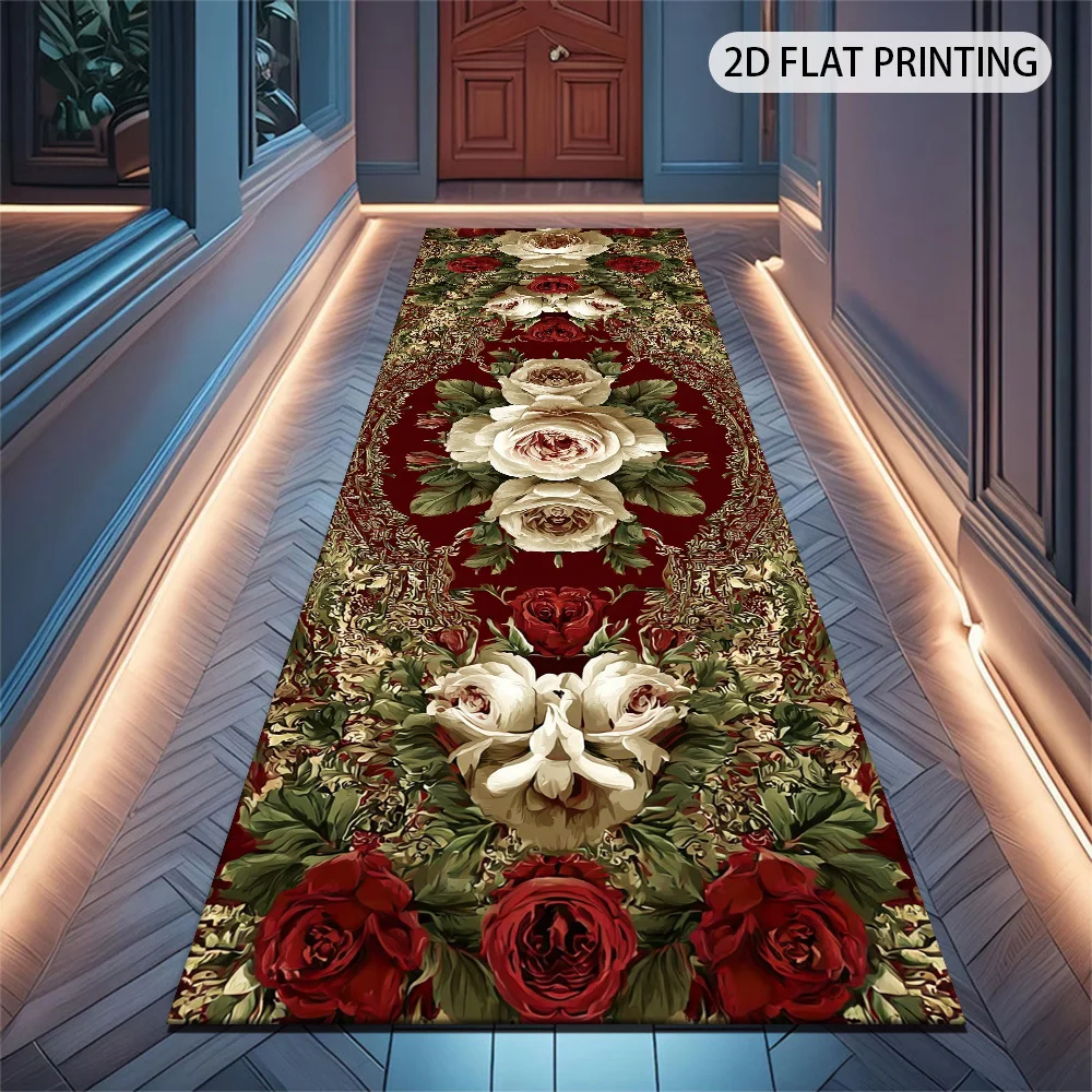 Dark Red Vintage White Red Rose Runner Mat Anti Slip Ornate Lace Floral Retro Print Carpet for Kitchen Hall Bathroom Room