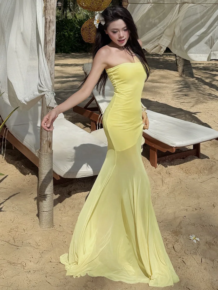 Abito lungo senza spalline in patchwork di rete elegante con spalle scoperte Abito lungo da sera per feste da donna aderente sexy estivo sottile
