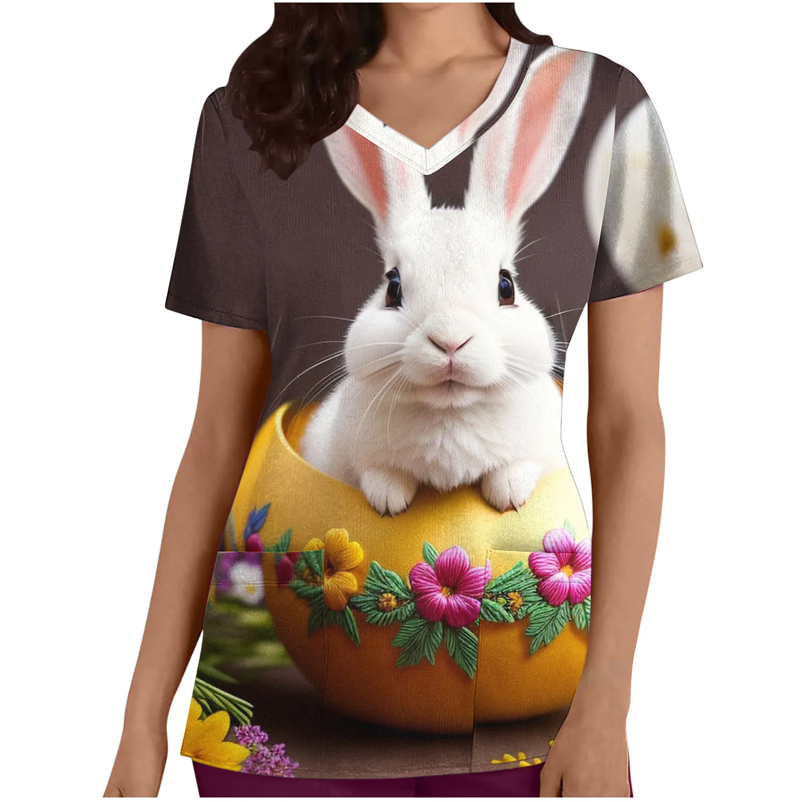 Women Easter Shirts V Neck Long Cute Floral Bunny T-Shirt Short Sleeve Adult Girl Leopard Graphic Tee Cheetah Rabbit Summer Top