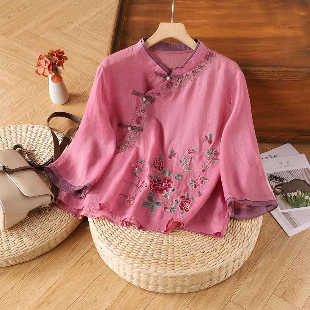 Women's Summer Retro Literary Thin Cotton Linen Top, Olive Wood Buttons, Embroidered Short Sleeve, Ethnic V-neck Cotton T-shirt