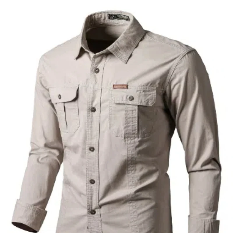 Spring Autumn Turn-down Collar Long Sleeve Solid Color Pockets Button Up Cardigan Shirt Coats Casual Men\'s Clothing Vintage Tops