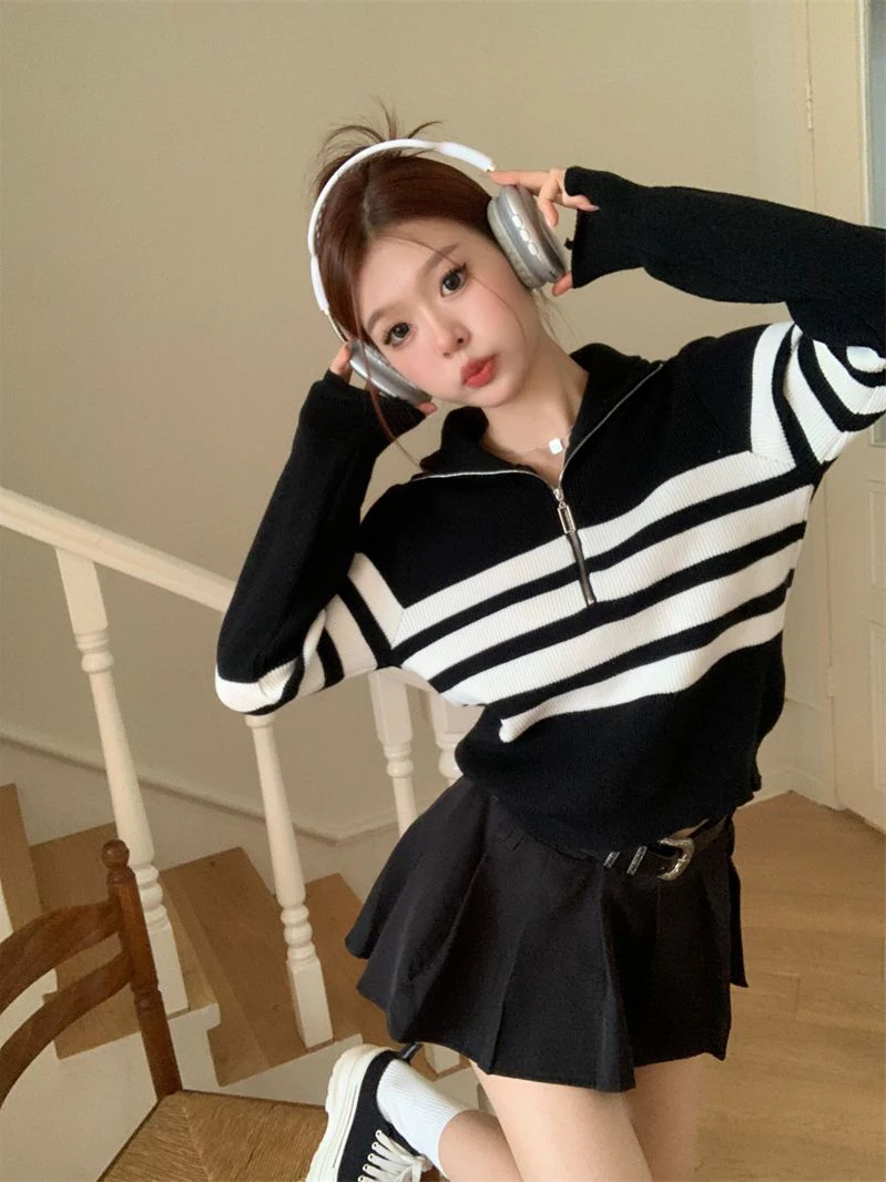 

Retro American Ne Striped Knitwear Long Sve Women's Spring High-End Feeling Inner Wear Small Size Sweater Top Trendy