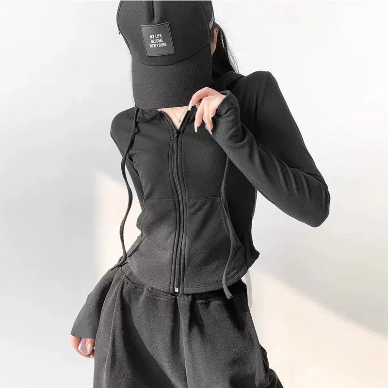 Autumn Solid Cardigan Hoodies Zipper Tops Women Korean Spring Slim Long Sleeve Hooded Short Coat Y2k Vintage Student Sweatshirt