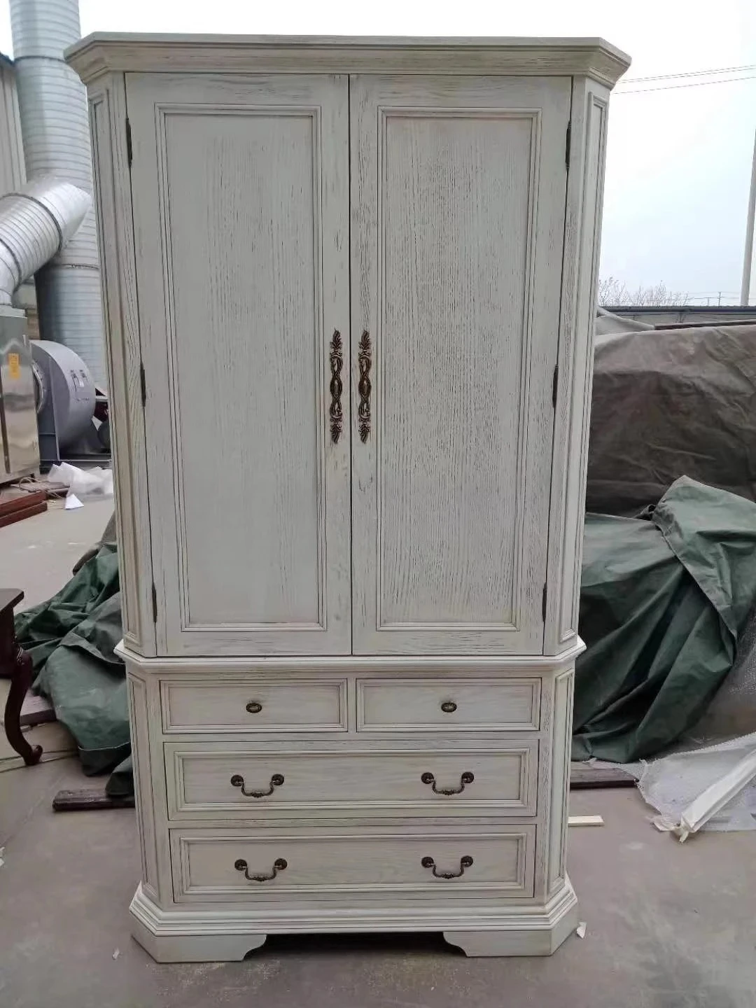 country old two-door wardrobe solid wood carving flower antique white double-door bedroom wardrobe