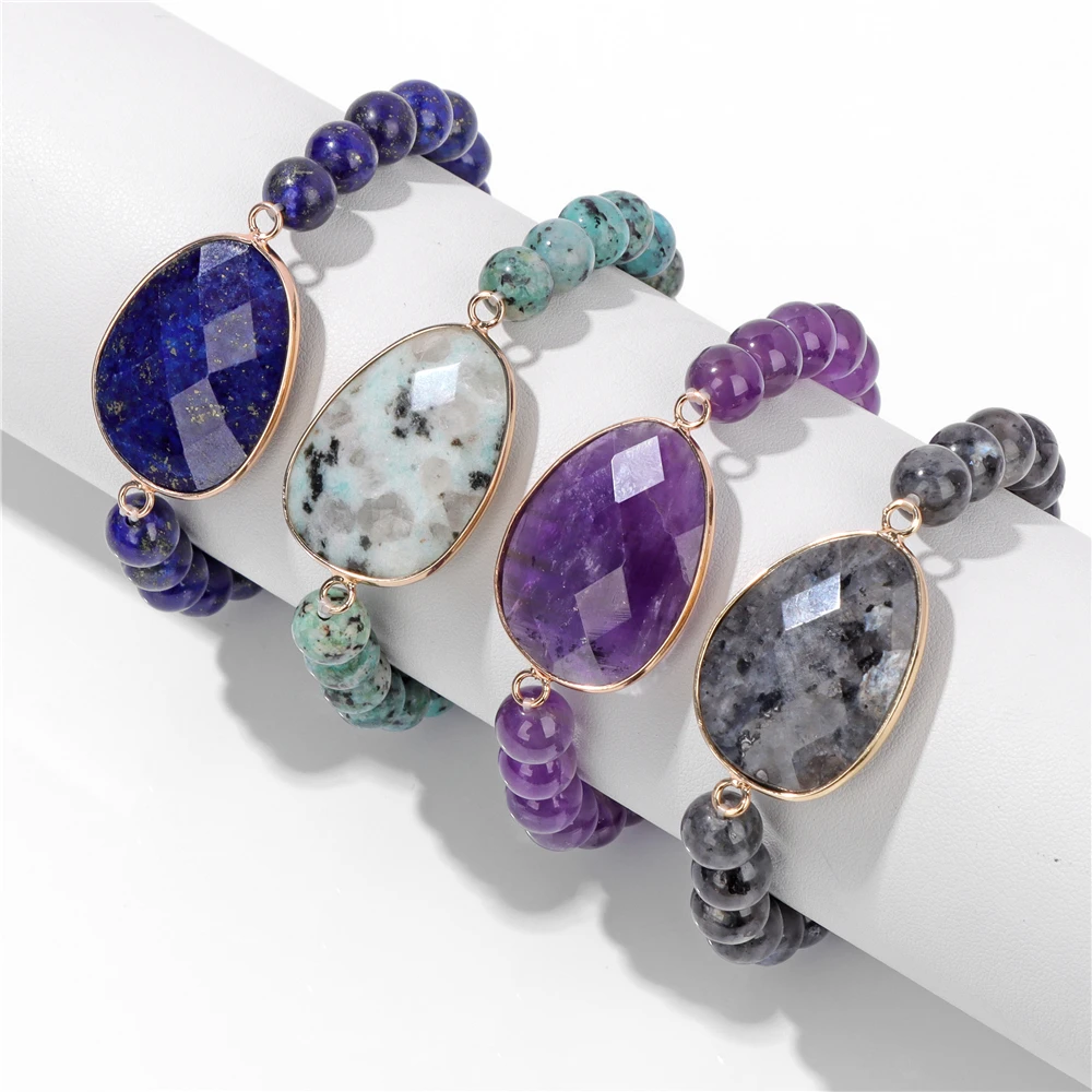 irregular Natural Stone Charm Bracelets For Women Men Amethysts Lapis Lazuli Labradorite White Howlite Elastic Bracelet Jewelry