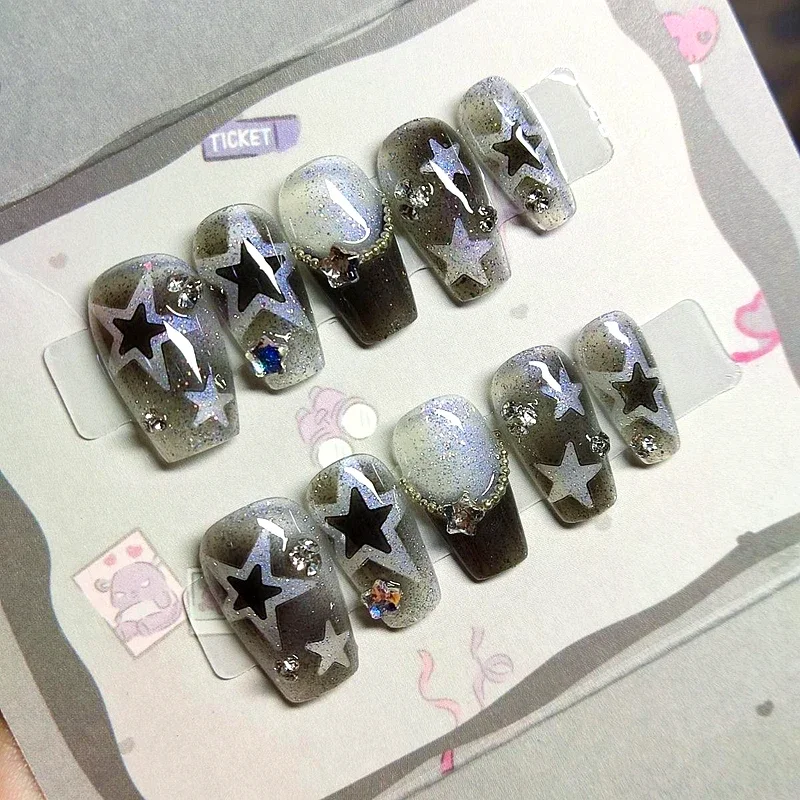 10개입 수제 화이트 스타 Y2K 프레스온 네일 블링 라인스톤 가짜 손톱 접착제 포함 재사용 가능 짧은 관 모양 맞춤형 인조 손톱 팁
