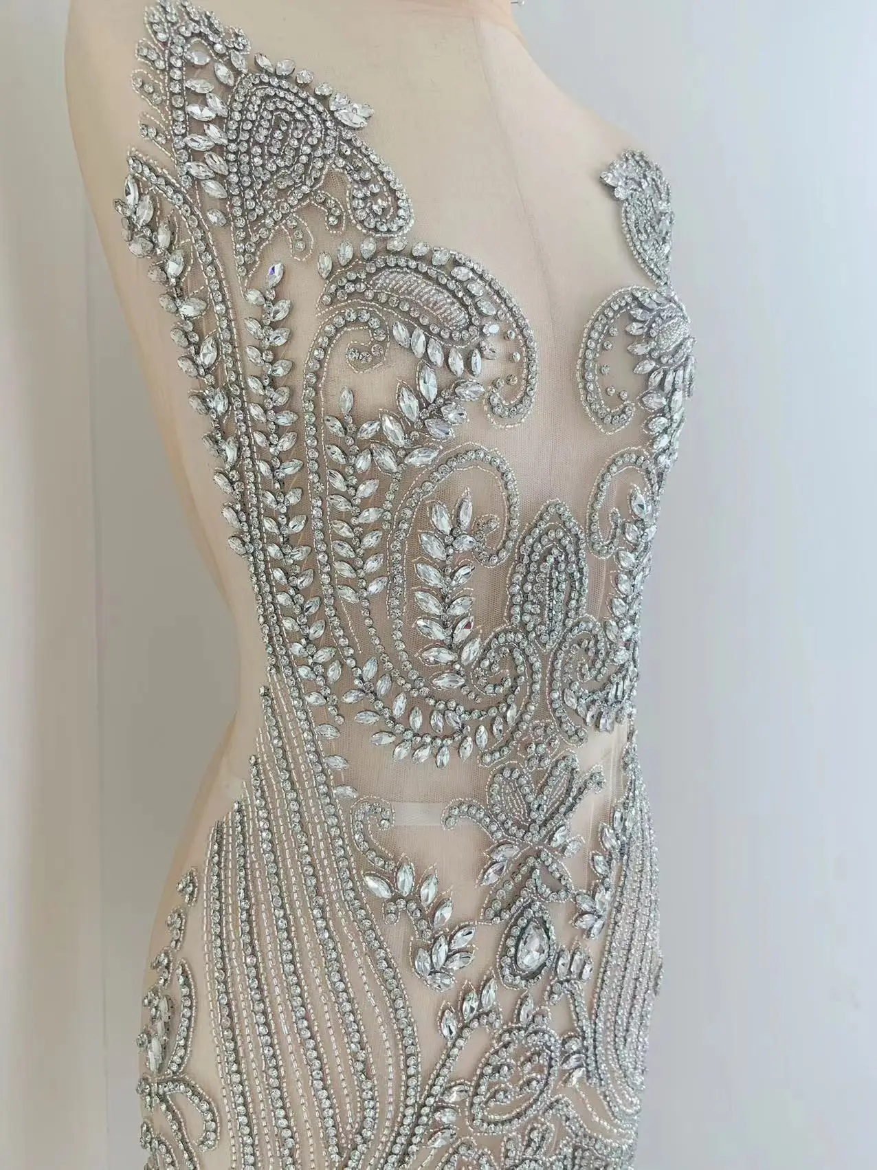 Large Silver Rhinestone Applique,Crystal Beaded Dress,Collar,Nackline Patch for Couture,Wedding Bodice Decor,Stage Performance