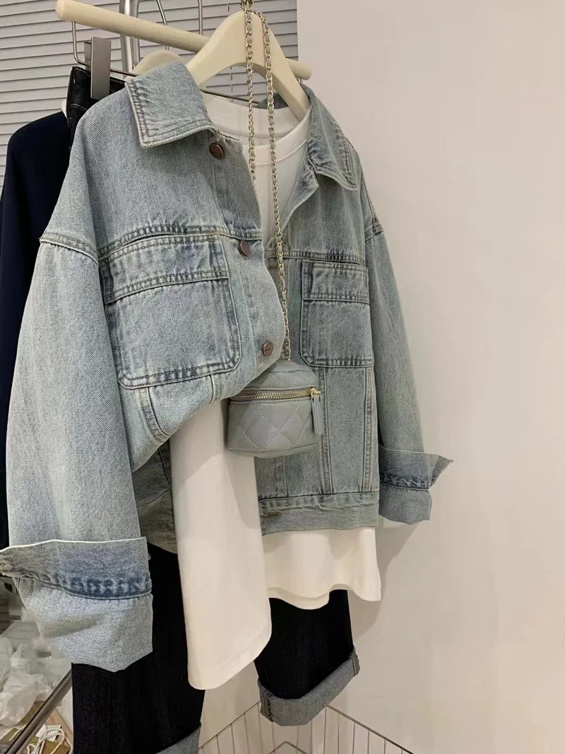 Retro Washed Light Blue Denim Jacket Women's Spring Popular Small Size Korean Loose Short Jacket Trendy Top Breathable