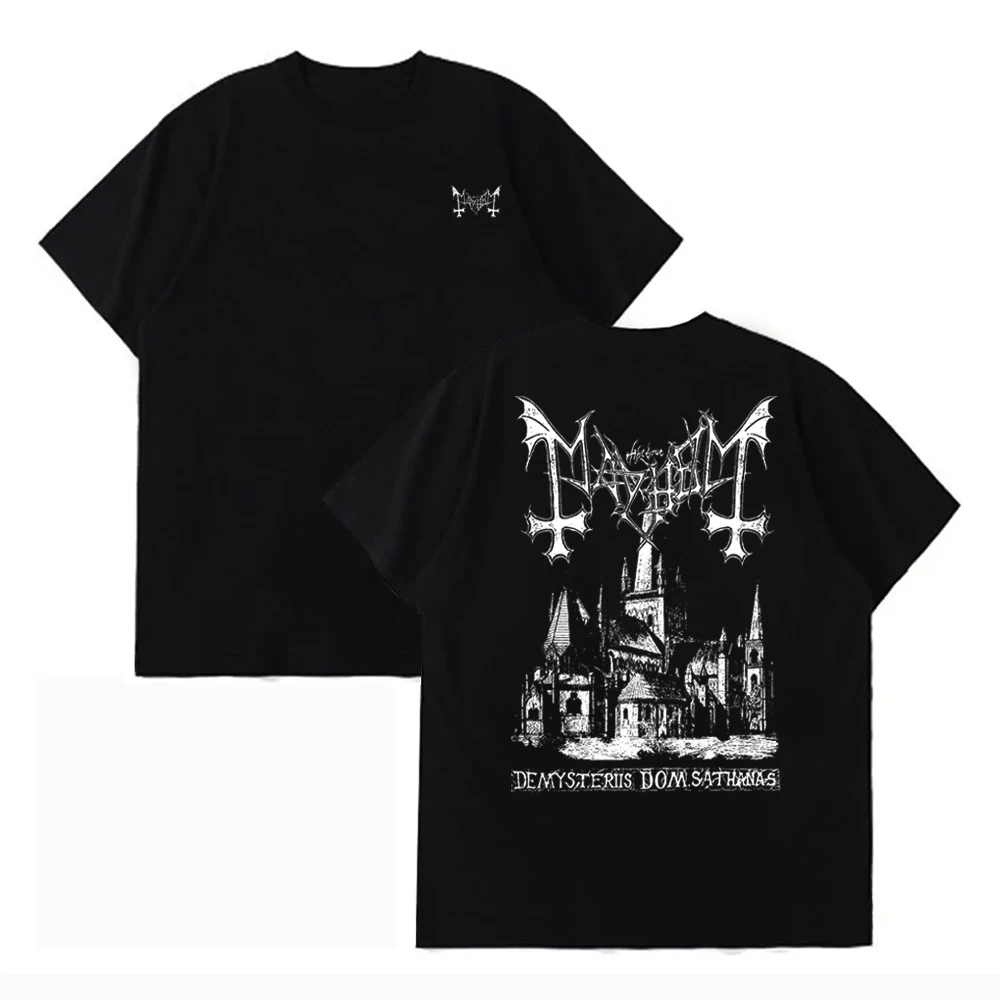 Harajuku Fashion Black Metal Band Mayhem Double Sided Printing Tshirts Men Women Short Sleeve Cotton Tees Oversized Streetwear