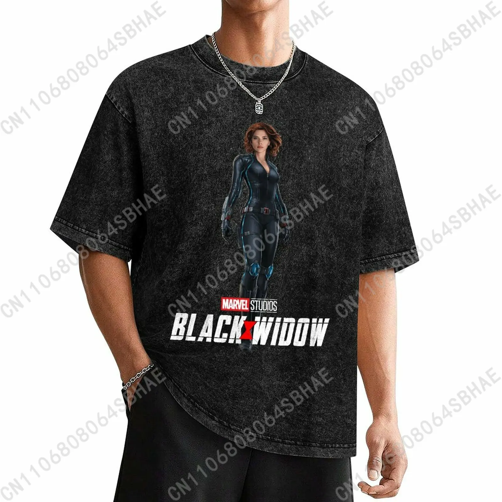 

Marvel Black Widow Custom Mens Vintage T Shirt Washed Distressed Tee Men Retro Short Sleeve Personalized Cotton Shirt Cosplay