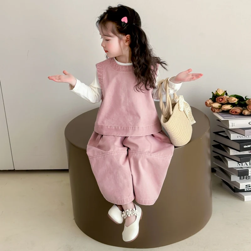 Kinder Frühling Herbst Casual Kleidung Set Mädchen Arbeitskleidung Weste + Casual Breite Bein Hosen + Basis Schicht Drei-stück Set – Detail 20