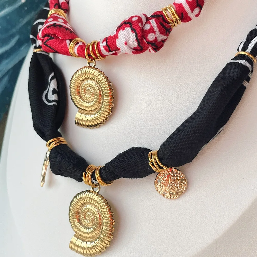 

Handmade Bandana Fabric Necklace with Gold Plated Ocean Animal Charms Adjustable fit Ocean Vibes