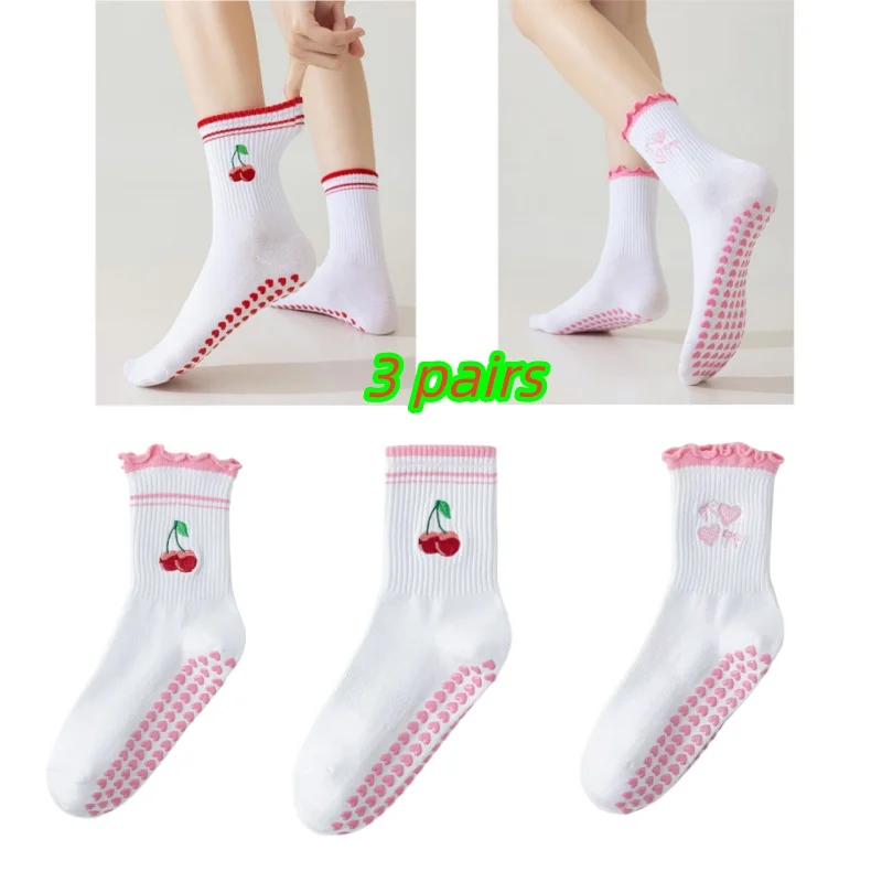 

3 пары спортивных носков для йоги для женщин, розовый бант с вышивкой, профессиональная силиконовая тренировка против скольжения, носки Prati