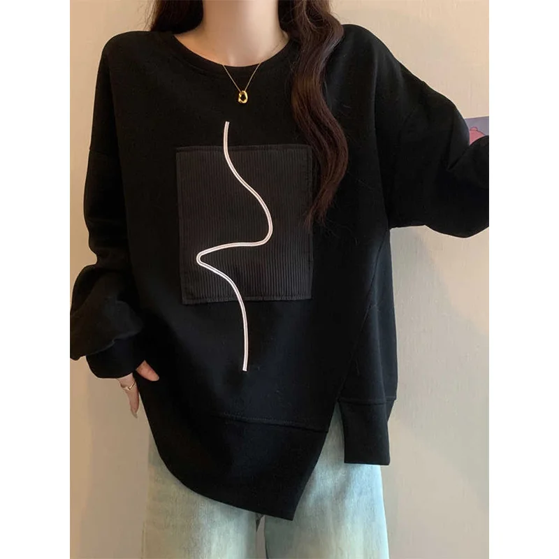 

plus Size 300 Pou Women's Casual Loose Long Sve Hoodie Autumn Meat Concealing Top Korean Sle Asymmetric T-irt