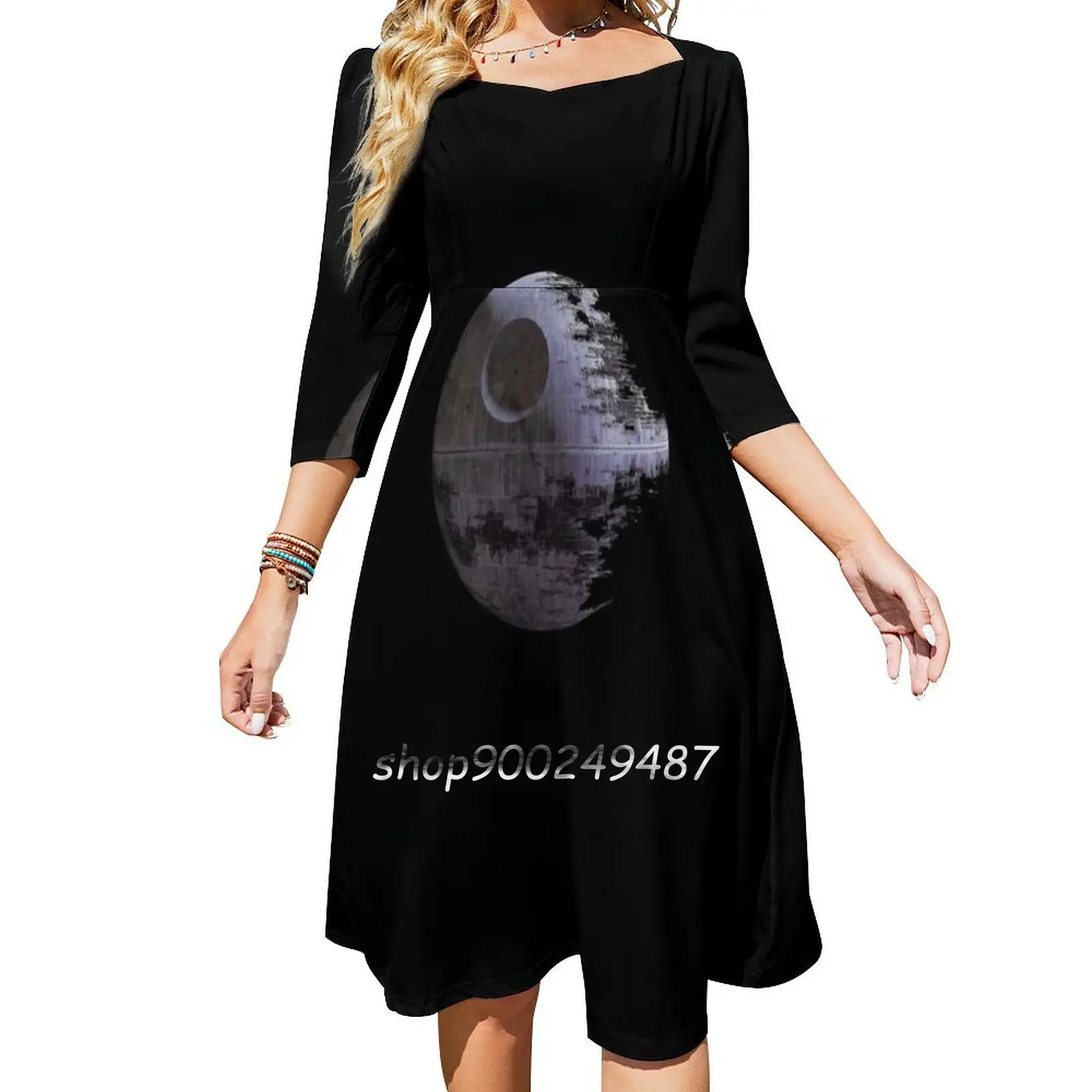 Death Star Square Neck Dress Sweet Summer Dress Women Elegant Halter Print Dress Death Star