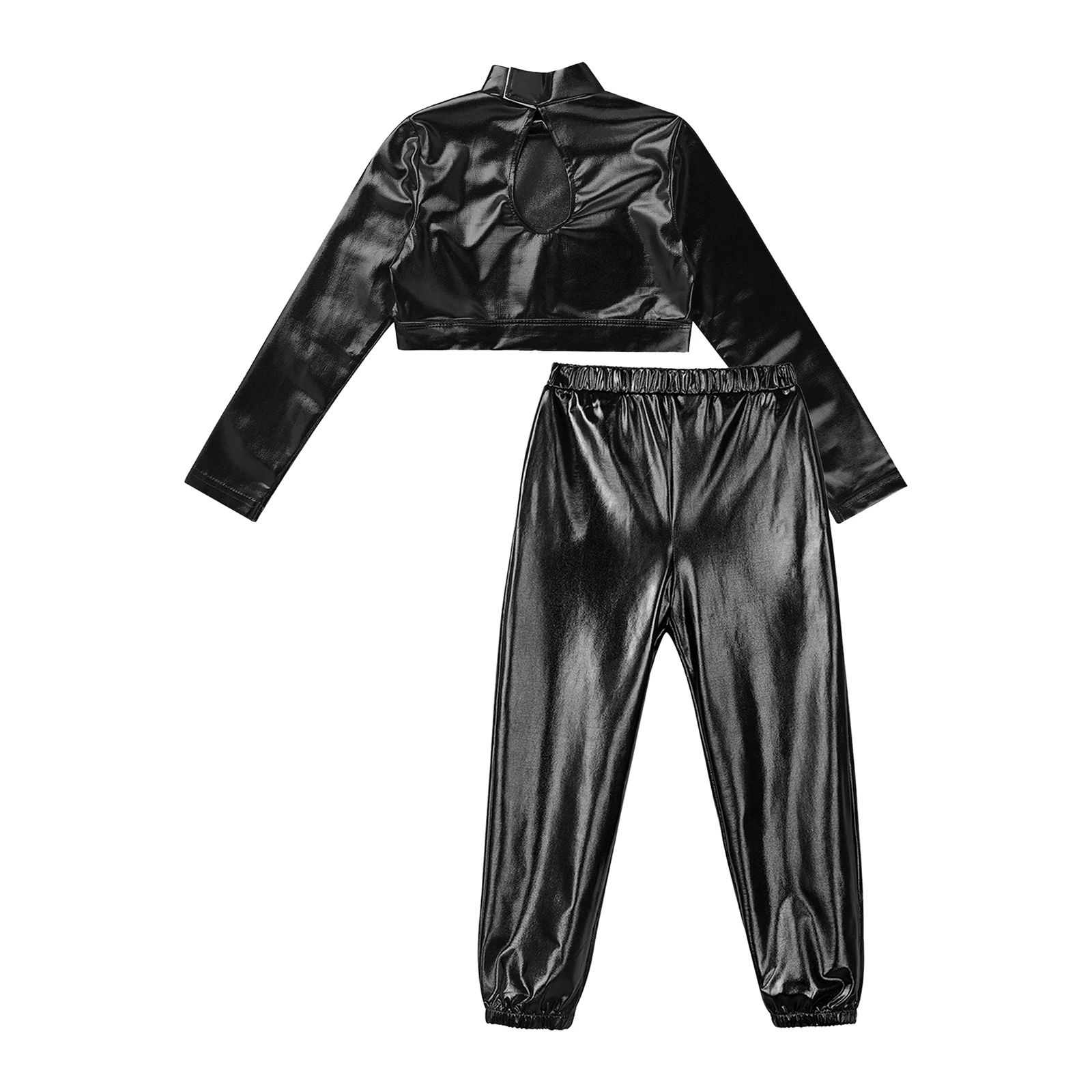 Kids Girls Hip Hop Jazz Dance Outfit Glossy Metallic Long Sleeves Jacket Crop Tops+Pants Set for Stage Performance Streetwear