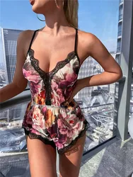 Sexy Romper Floral Bodysuits Soft Pajamas Backless Sleepwear Casual Holiday Body Mujer Jumpsuits Lace Trim Nightdress