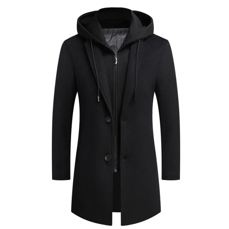 2025 Winter Men's Wool Blend Trench Coat Korean Style Detachable Hood Medium Long Jacket Casual Business Outerwear