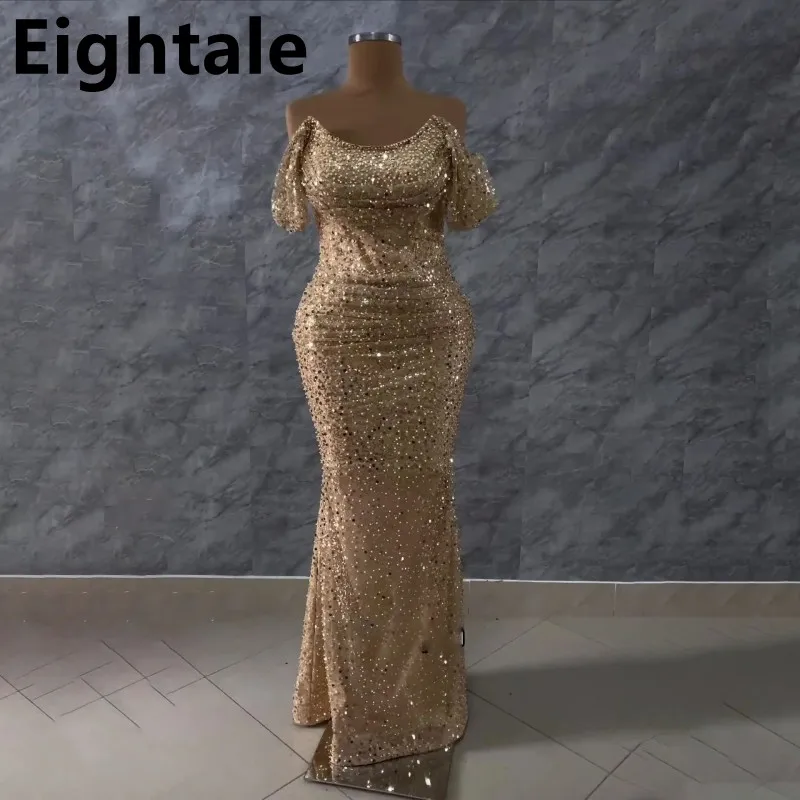 

Eightale Sparkly Champagne Evening Dress For Wedding Custom Made Off Shoulder Sequin Mermaid Formal Prom Dress Dubai Gown