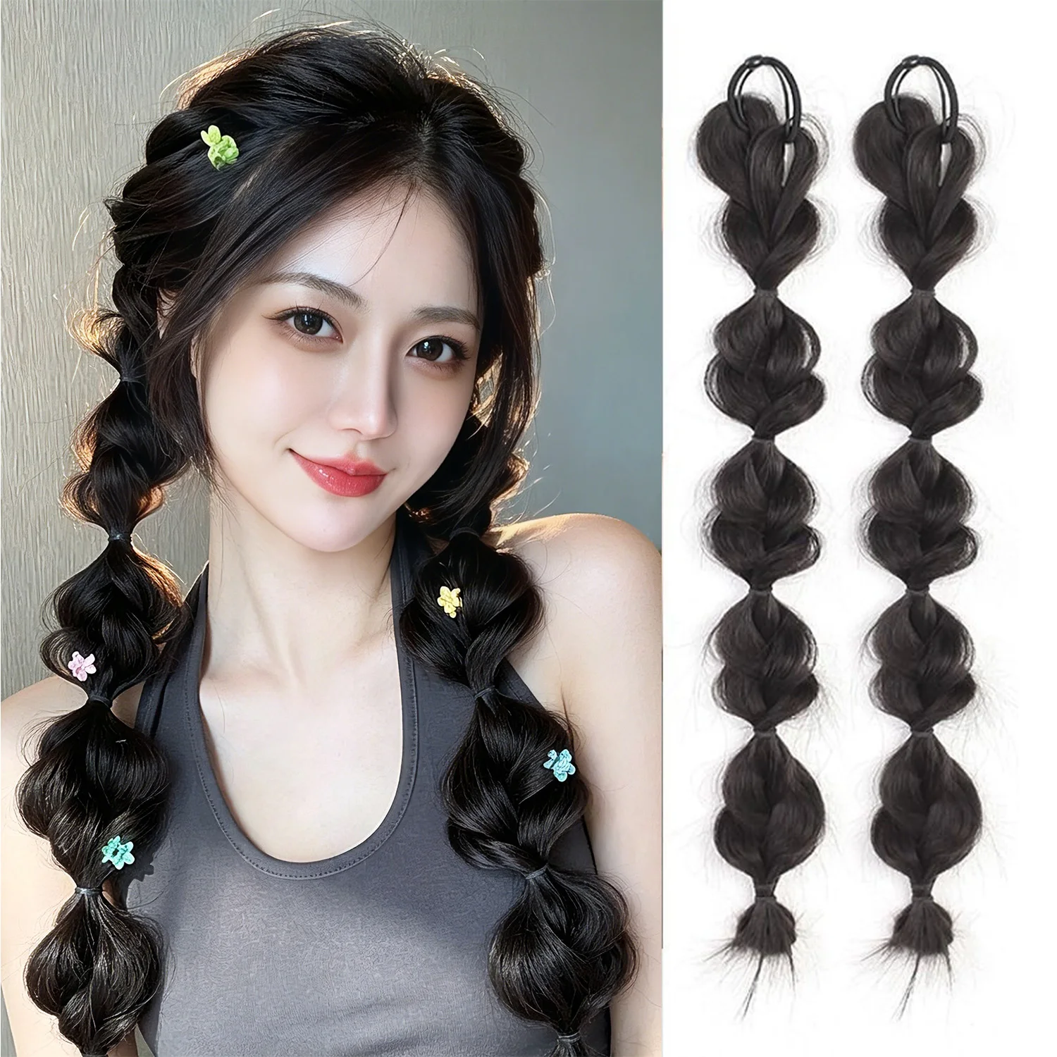 2 PCS Bubble Braided Ponytail Hair Extensions Synthetic Braided Wig Elastic Hair Band Hairpiece DIY Daily Hair Accessories