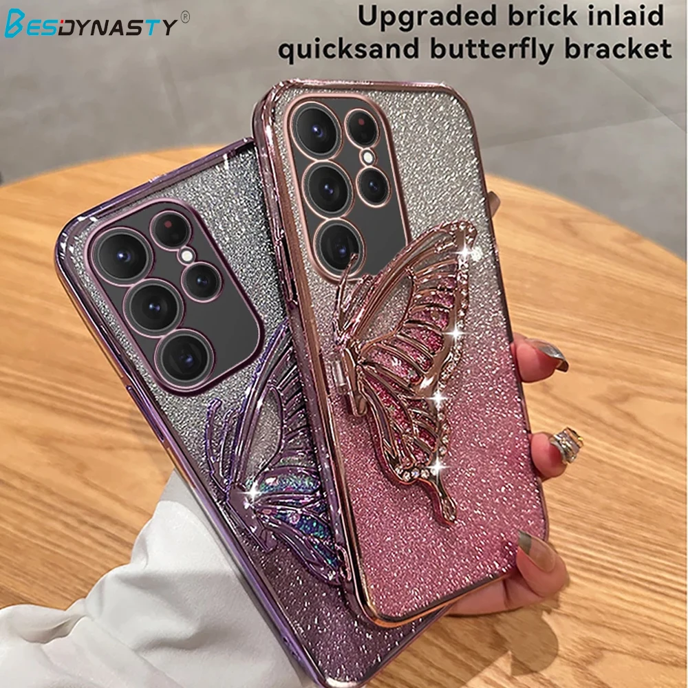 3D Liquid Sand Butterfly Phone Holder Glitter Plating Case For Samsung Galaxy S25 S24 Plus S23 FE S22 Note 20 Ultra S20 S21 FE