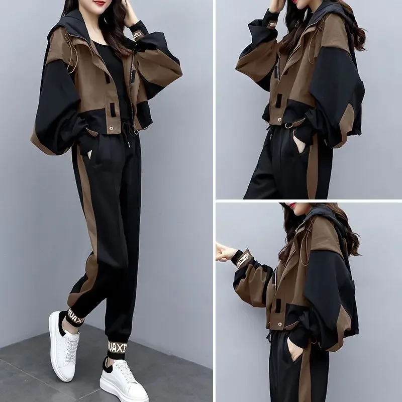 Spring Autumn Women's Tracksuit Sporty Style Patchwork Hooded Jacket Pants 2 Piece Set Lady Casual Letter Coat Trousers Outfits