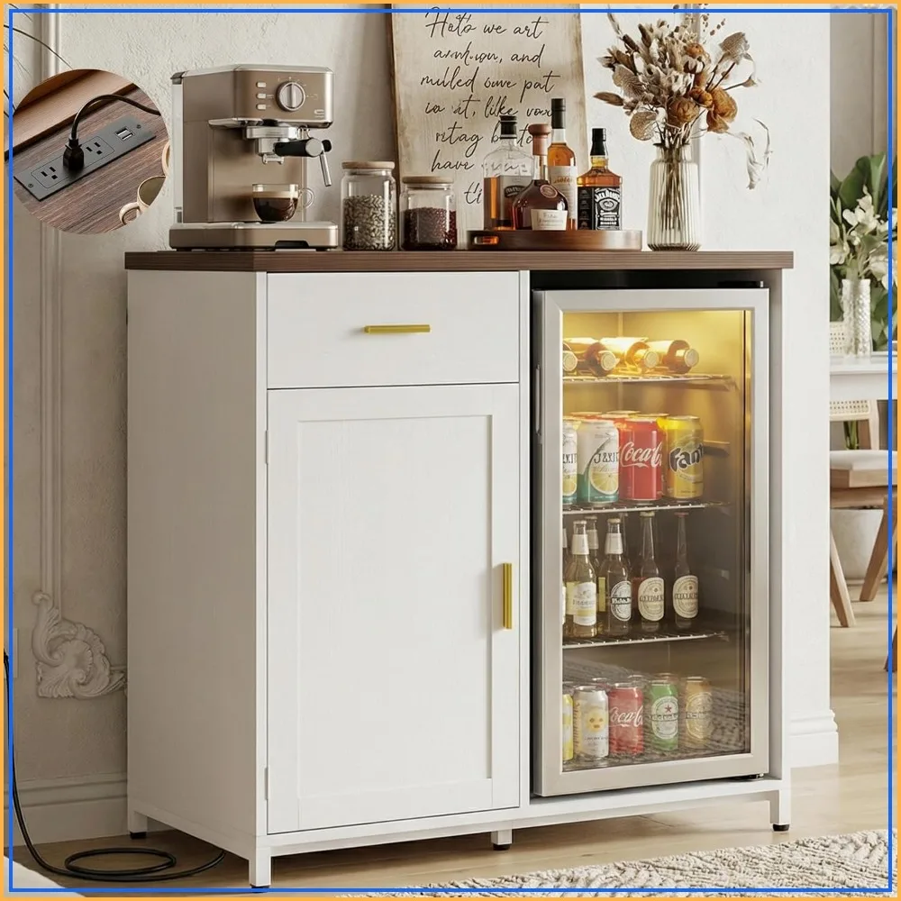 Coffee Bar Cabinet with Mini Fridge Space & Power Outlet, White