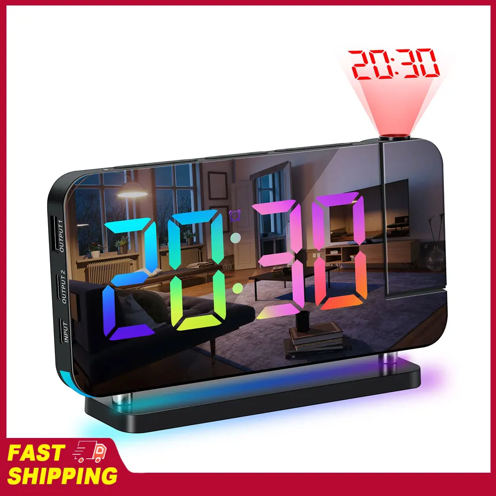 RGB Colorful LED Digital Clock Projection Alarm Clock with Mirror USB Charger Snooze Function 180 Degrees Projector on Ceiling