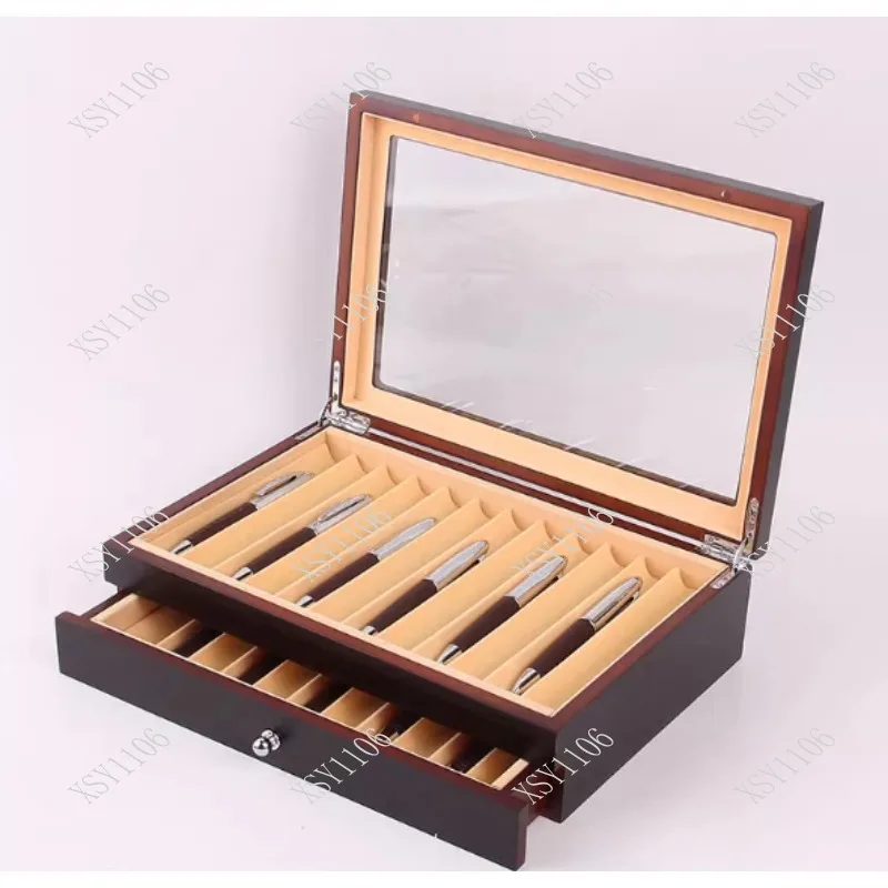 78-Pen Capacity Black/Burgundy Wooden Pen Case Transparent Window Fountain Pen Collector Organizer