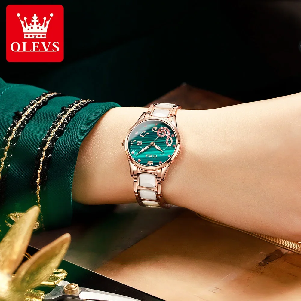 OLEVS 3605 Ceramic Strap Japan Quartz Women Wristwatch, Ceramics Luxury Fashion Waterproof Watch For Women Luminous Calendar