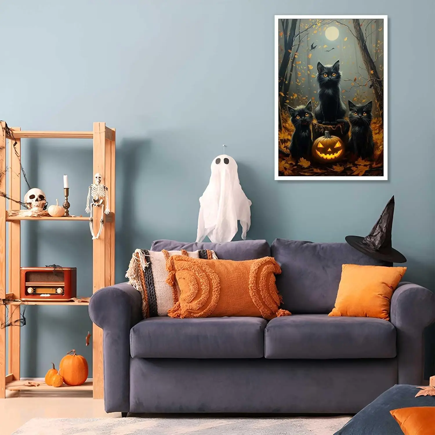 

Retro Halloween Black Cat Poster Funny Terrifying Forest Canvas Wall Artistic Pumpkin Lantern Print Living Room Home Decor