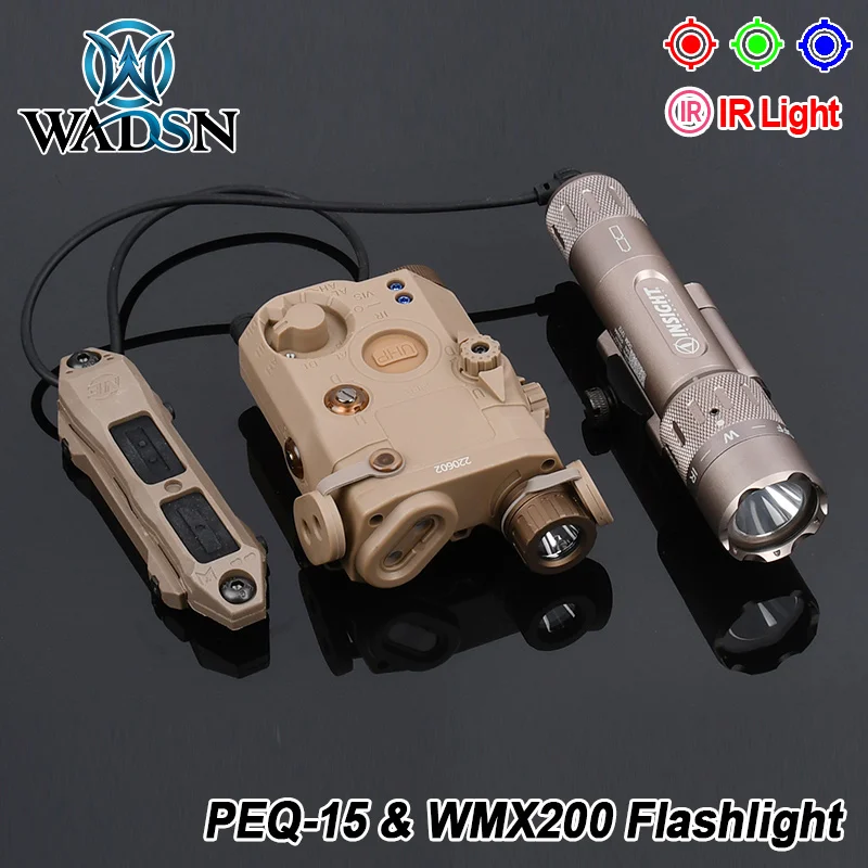 

WADSN Tactical PEQ 15 Red Green Laser With WMX200 Flashlight IR LED Rollover Folding Base Fit 20mm Rail Hunting Airsoft Light