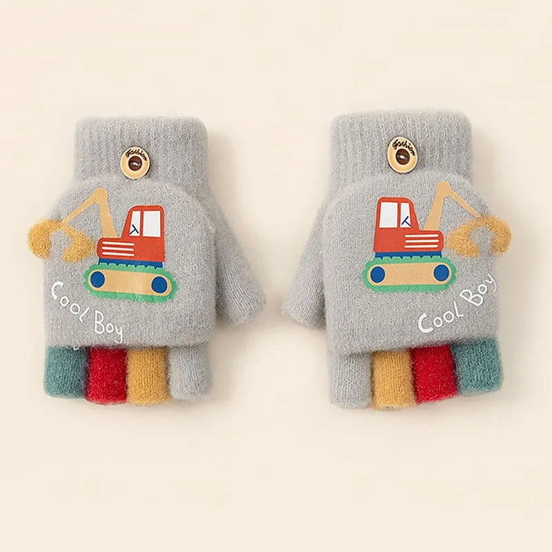 Kids Boys Girls Cartoon Excavator Half Finger Flip Cover Winter Thick Warm Gloves Toddler Outdoor Knitted Cold-Proof Mittens