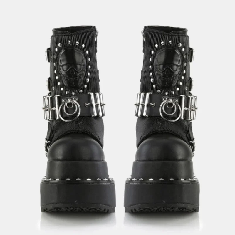 2026 New Punk Style Women Mid Boots Rivet Belt Buckle Wedges Platform Fashion Boots Black Leather Winter 8Cm Heel Shoes Boots