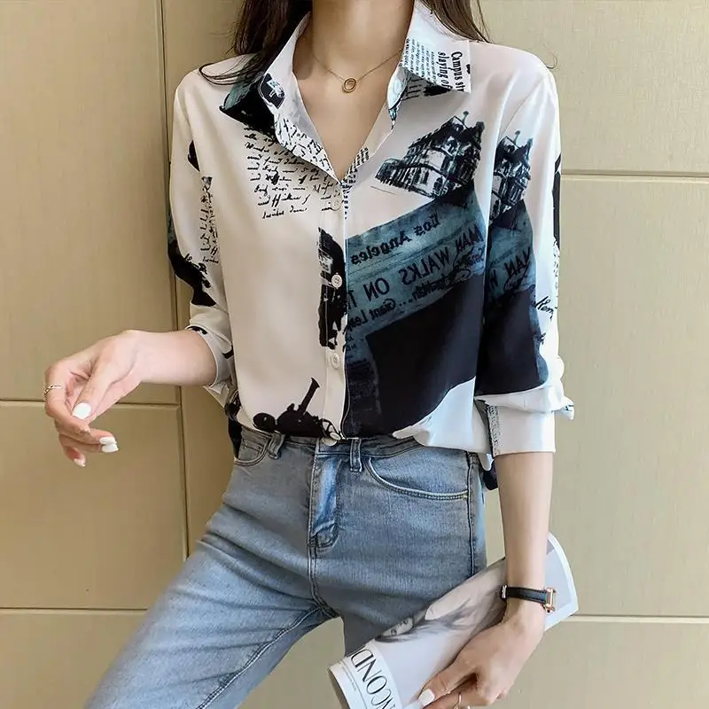 Mode Vrouwen Kleding 2022 Lente Herfst Polo-Hals Retro Hong Kong Smaak Brief Print Lange Mouwen Casual Button Chiffon shirt