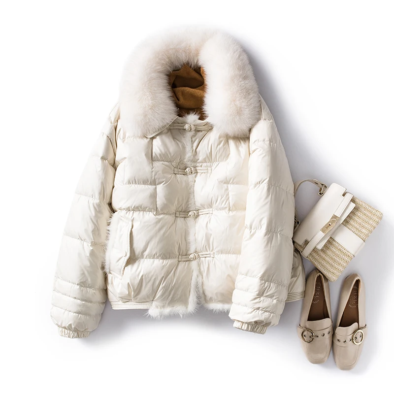 Collo in vera pelliccia di volpe invernale da donna 90% piumino d'anatra bianco da donna corto caldo piumino Parka vintage allentato femminile