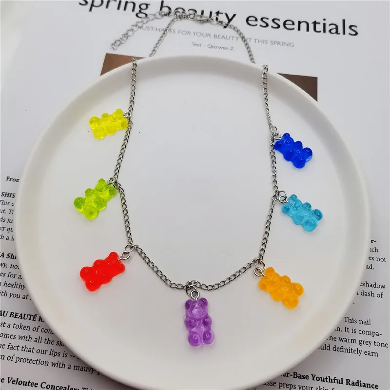 Rainbow Cute Jelly Bear Gummy Necklaces for Women Girls Punk Hip Hop Resin Stainless Steel Chain Necklaces Jewelry on The Neck @