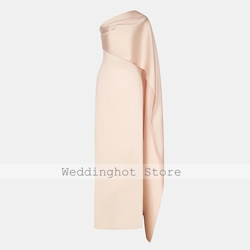 فساتين زفاف الضيوف الشمبانيا للنساء بكتف واحد عمود فساتين سهرة طويلة ثنيات من الساتان فستان رسمي أنيق للحفلات 2025