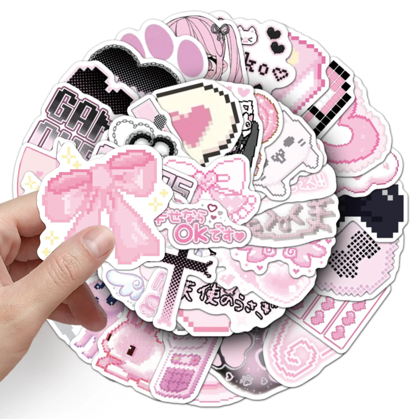 50PCS Pixel style Cartoon Stickers Black Gothic Graffiti Pink DIY Decoration Laptop Phone Guitar Car Bike Decals Kids Toys Gift