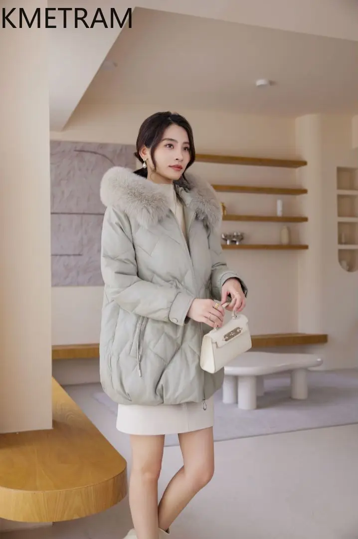 100% 양가죽 푸퍼 재킷 여성 루즈핏 정품 가죽 다운 코트 후드 여우털 칼라 2025 겨울옷 여성