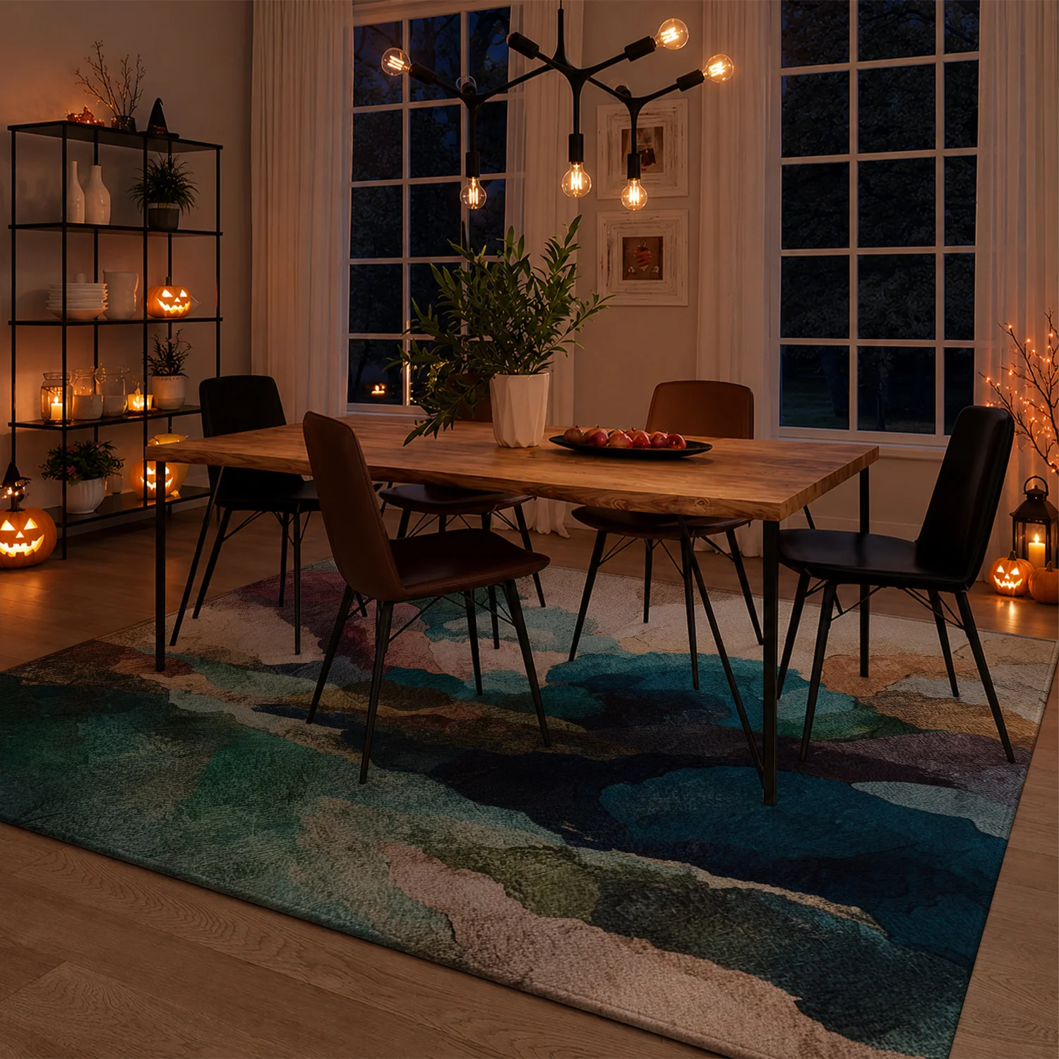 Large Indoor Area Rug – Soft Velvet Low Pile Rug with Non-Slip Dotted Backing, Machine Washable Abstract Painterly Multi-Color Teal & Beige Rug for Living Room, Bedroom, Dining Area