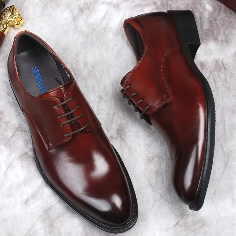 HKDQ Burgundy Black oxford Dress Shoes For Men Business Fashion Handmade Wedding Formal Genuine Leather Designer Men Shoes