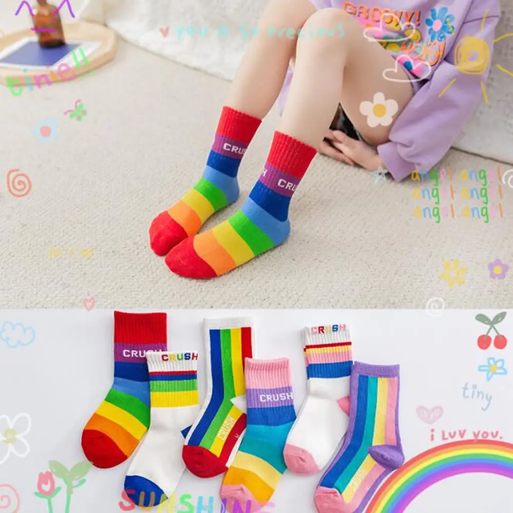 

New children's rainbow socks boys and girls baby rainbow letter Korean tide socks combed cotton sock