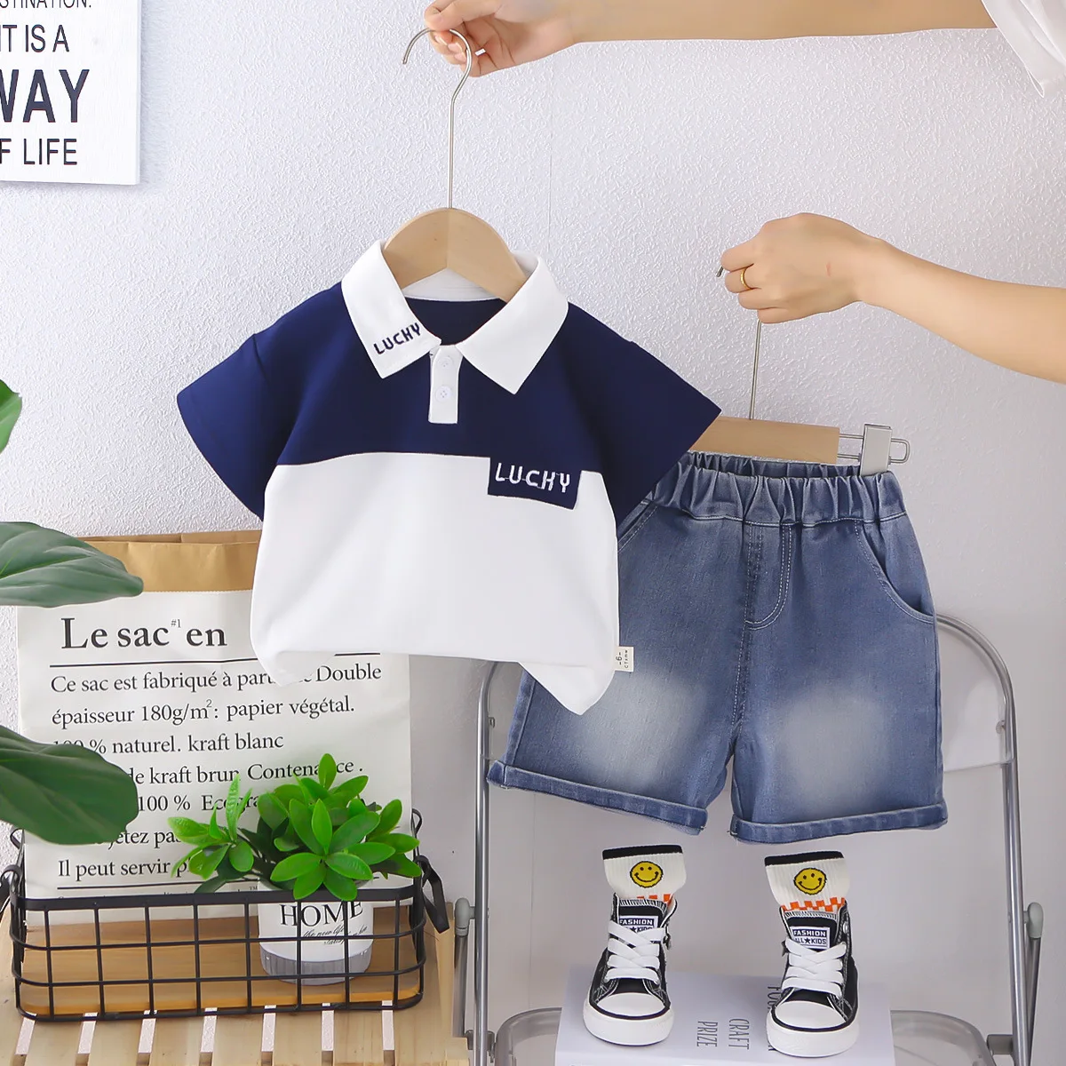 

Toddler Summer Outfit Kids Suit 2026 New Letter Embroidery Turn-down Collar POLO T-shirts and Shorts Two Piece Boys' Clothes Set