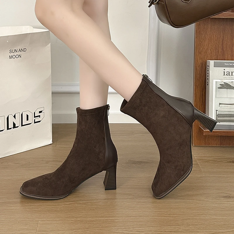 Botines de gamuza Para Mujer, tacones altos, zapatos gruesos de moda, vestido elegante, Botas de invierno 2026, zapatos de tacón de diseñador, nuevas Botas Para Mujer