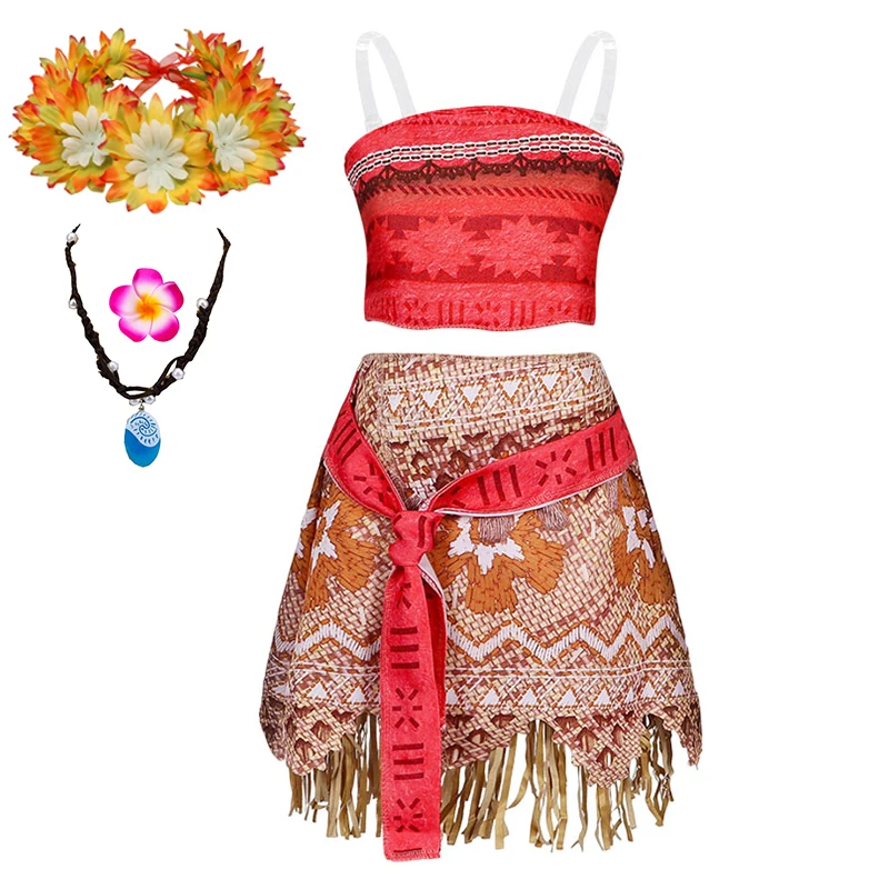 Girls Moana Princess Costume 2Pcs Crop Top Fringe Skirt with Wig Flower Necklace Headband Kids Birthday Beach Cosplay Outfit