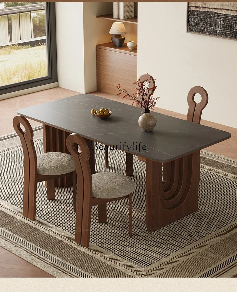 

yj15 Vintage Style Solid Wood Rock Board Dining Table Rectangular Retro Simple Modern Walnut Color Dining Table